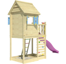 Holzspielhaus mit Rutsche und Sandkasten