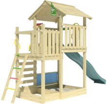Spielturm aus Holz mit Rutsche und Sandkasten