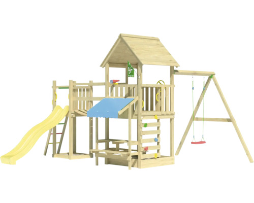 Spielplatz aus Holz mit Rutsche, Schaukel und Kletterwand