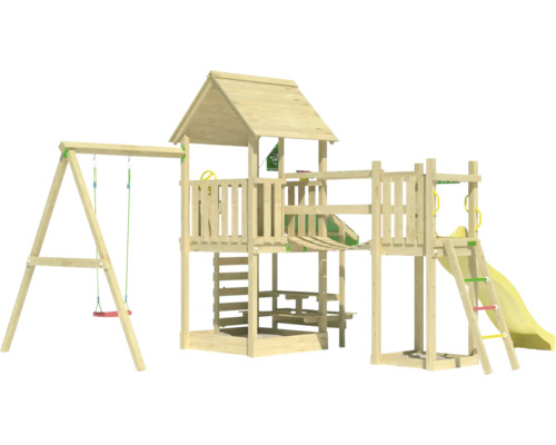 Holzspielplatz mit Schaukel, Turm und Rutsche für den Garten