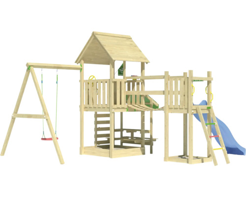 Spielturm aus Holz mit Schaukel, Leiter und Rutsche