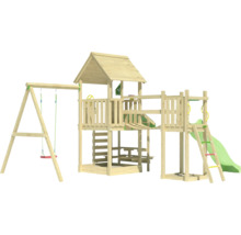 Spielturm aus Holz mit Schaukel, Rutsche und Kletterelementen für den Garten