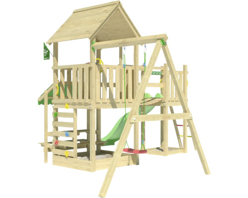 Spielturm mit Rutsche, Schaukel und Kletterwand für den Garten