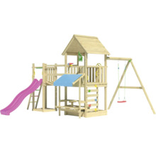 Spielturm aus Holz mit Rutsche und Schaukel