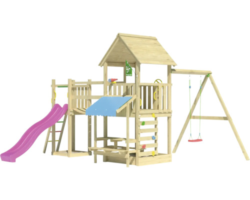Spielturm aus Holz mit Rutsche und Schaukel