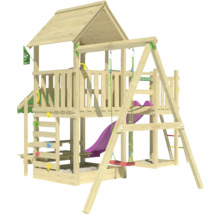 Spielturm mit Rutsche, Schaukel und Kletterwand aus Holz