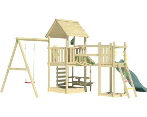 Holzspielanlage mit Schaukel, Rutsche und Spielhaus
