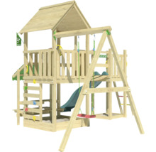 Spielanlage aus Holz mit Rutsche und Schaukel