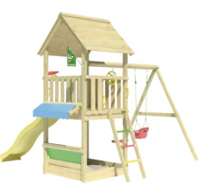 Spielturm aus Holz mit Rutsche, Schaukel und Sandkasten