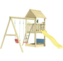Spielplatz mit Schaukel, Kletterturm und Rutsche für Kinder
