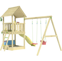 Spielturm aus Holz mit Schaukel und Rutsche für den Außenbereich
