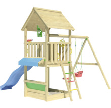 Spielturm aus Holz mit Rutsche, Schaukel und Sandkasten