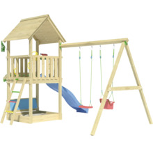 Spielturm aus Holz mit Schaukel, Rutsche und Sandkasten