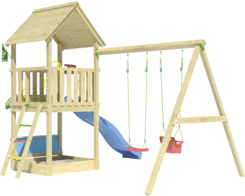 Spielturm aus Holz mit Schaukel, Rutsche und Sandkasten