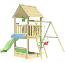 Spielturm aus Holz mit Rutsche, Schaukel und Sandkasten
