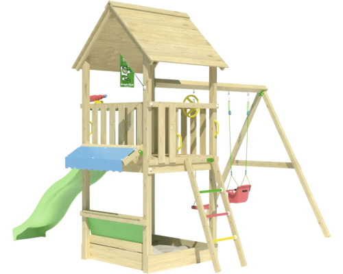 Spielturm aus Holz mit Rutsche, Schaukel und Sandkasten