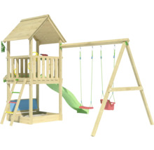 Holzspielturm mit Rutsche und Schaukel für den Garten