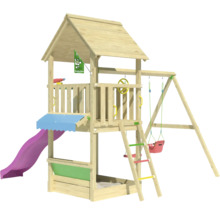 Spielturm aus Holz mit Rutsche, Schaukel und Klettergerüst