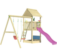 Spielplatz mit Schaukel, Rutsche und Kletterturm aus Holz