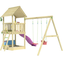 Spielturm mit Rutsche und Schaukel aus Holz