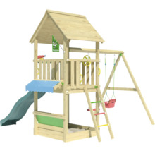 Spielturm aus Holz mit Rutsche, Schaukel und Kletterleiter