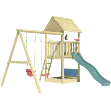 Spielturm aus Holz mit Rutsche und Schaukel