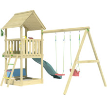 Spielturm aus Holz mit Rutsche, Schaukel und Sandkasten