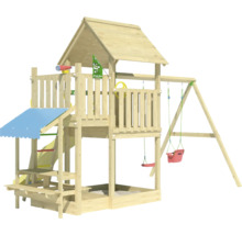 Spielturm aus Holz mit Rutsche, Schaukel und Sandkasten