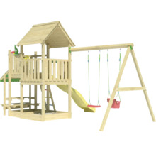 Spielturm aus Holz mit Rutsche und Schaukel für den Garten