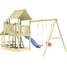 Holzspielplatz mit Schaukel, Rutsche und Spielturm