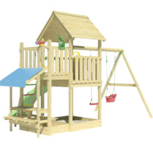 Holzspielturm mit Schaukel, Rutsche und Sandkasten für den Garten
