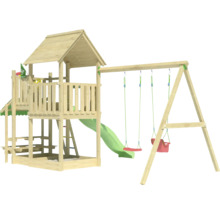 Spielturm aus Holz mit Schaukel, Rutsche und Sandkasten