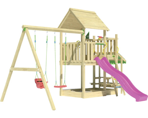 Spielturm aus Holz mit Rutsche und Schaukel für den Außenbereich
