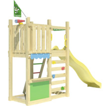 Spielturm aus Holz mit Rutsche, Kletterwand und Tafel