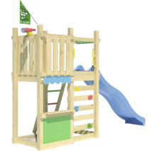 Spielturm aus Holz mit Rutsche, Kletterwand und Flagge