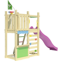Spielturm aus Holz mit Rutsche, Kletterwand, Leiter und Flagge