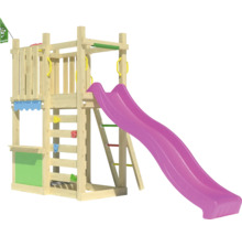 Spielturm mit Rutsche und Kletterwand aus Holz
