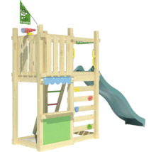Spielturm aus Holz mit Rutsche, Kletterwand und Leiter