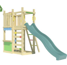 Spielturm mit Rutsche, Kletterwand und Schaukel