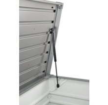 Detailansicht eines geöffneten Geräteschuppens mit Gasdruckfeder zur Unterstützung des Deckels