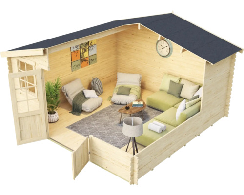 Holzgartenhaus mit Inneneinrichtung wie Sofa, Sessel und Tisch