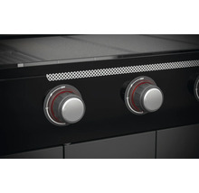 Nahaufnahme eines schwarzen Gasgrills mit Drehknöpfen zur Temperaturregelung