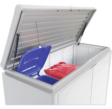 Mülltonnenbox mit geöffnetem Deckel und zwei Mülltonnen