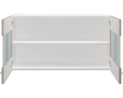 Geöffneter weißer Unterschrank mit zwei Regalböden