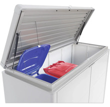 Geöffnete Mülltonnenbox mit blauer und roter Tonne