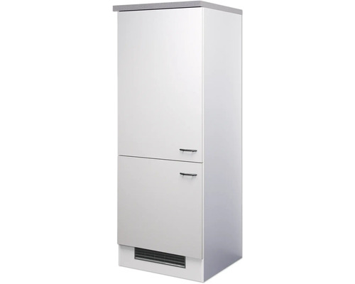 Weißer Hochschrank mit zwei Türen und Griffen