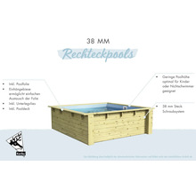 Rechteckiger Holzpool mit einer Höhe von 38 Millimetern und Karibu Logo.