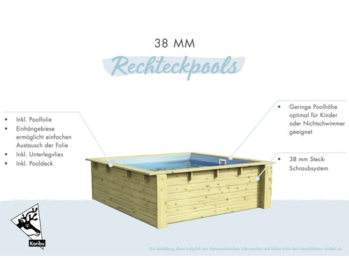 Rechteckiger Holzpool mit einer Höhe von 38 Millimetern und Karibu Logo.