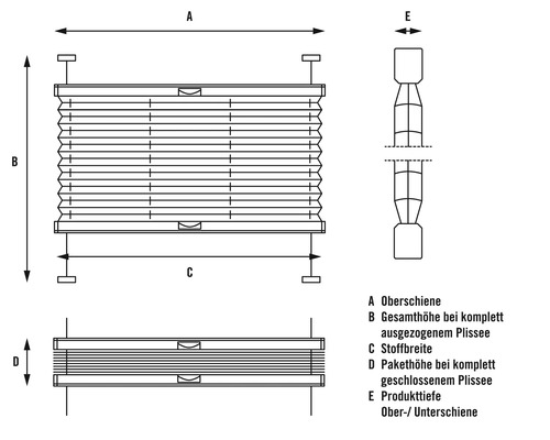 Diagramm mit den Maßen eines Plissees