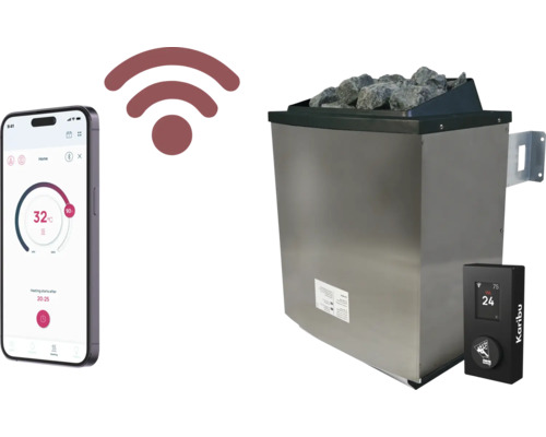Saunaofen mit Steinen, Steuerung und Smartphone zur Temperaturregelung